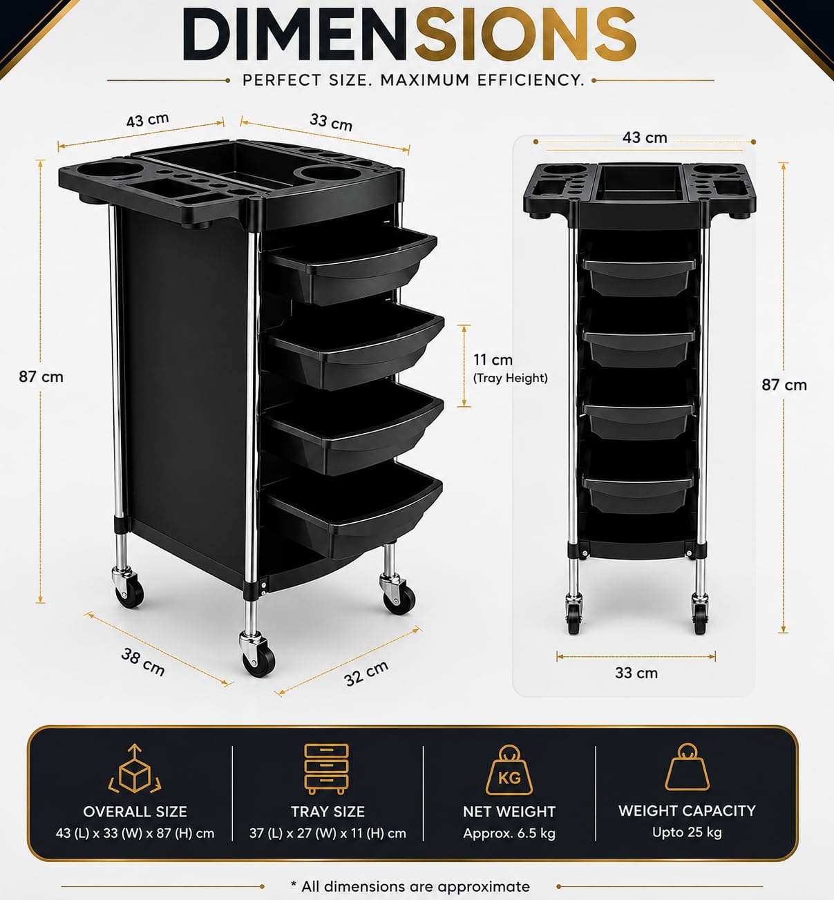 Salon Trolley Cart with 4 Pull-Out Trays, Black - Image 5