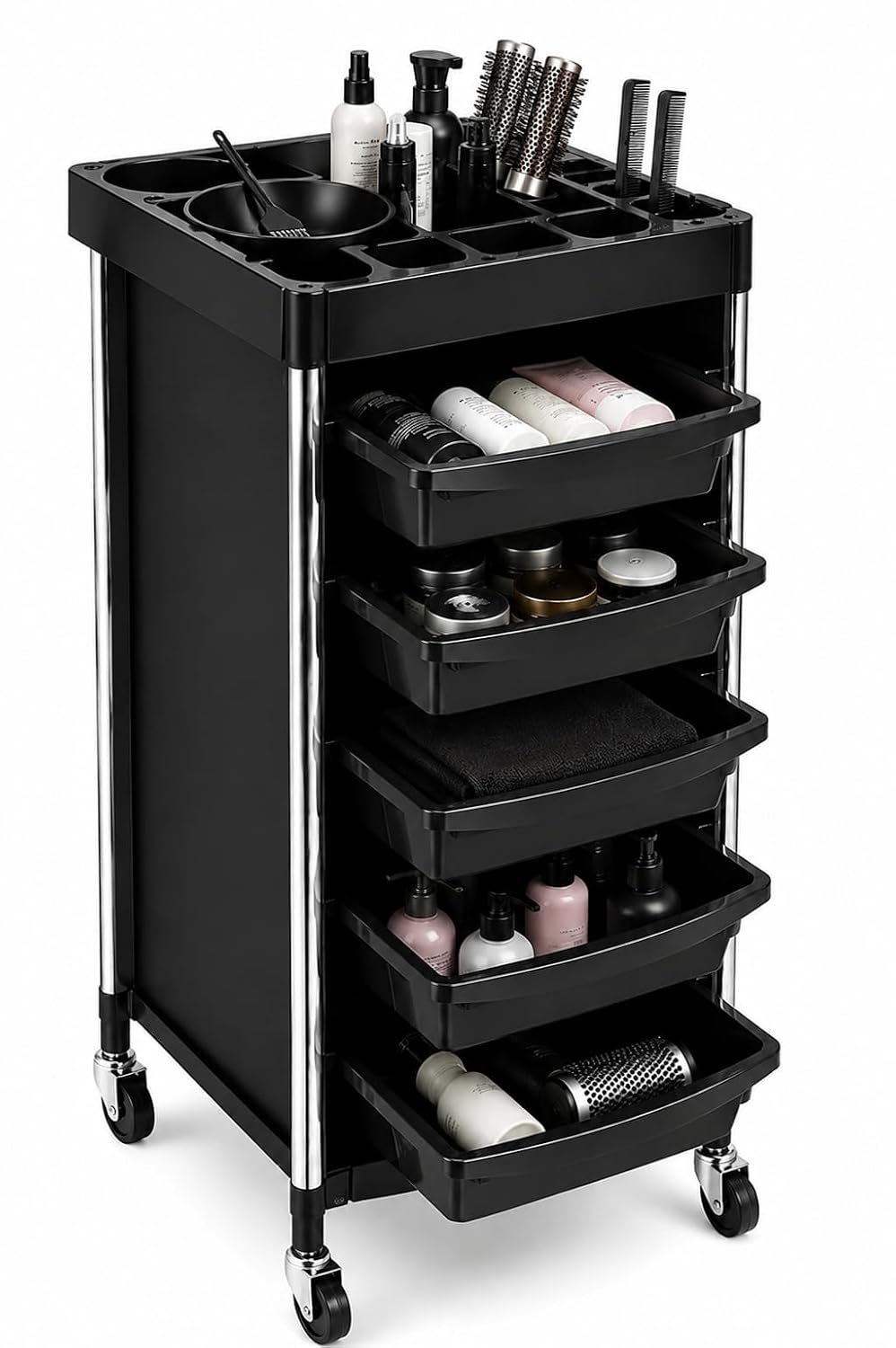 Salon Trolley Cart with 4 Pull-Out Trays, Black - Image 4