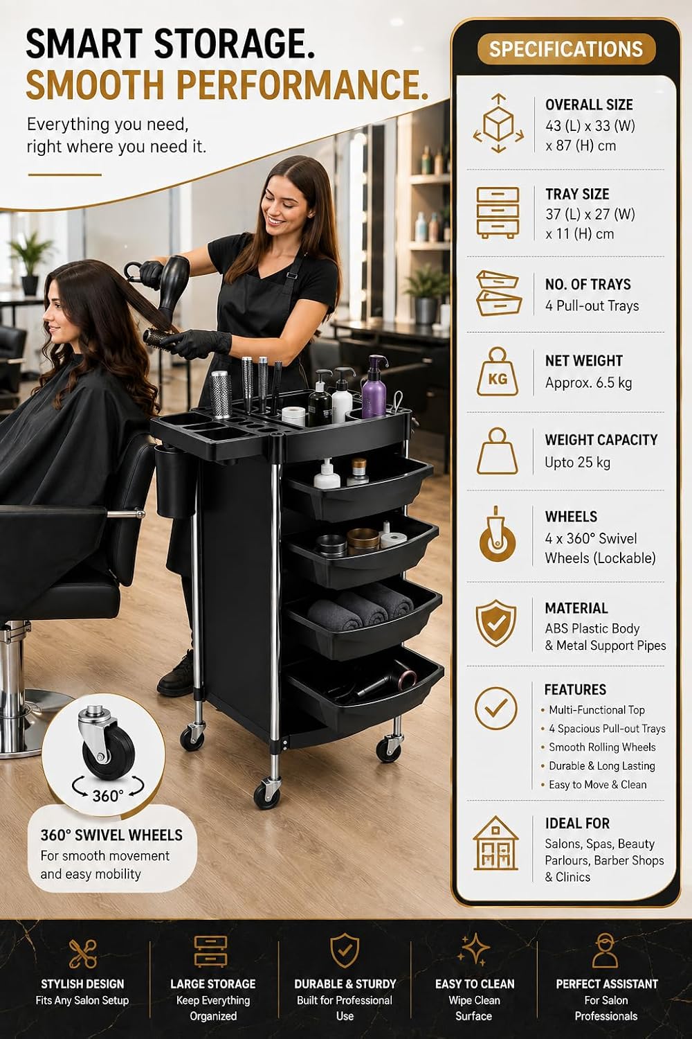 Salon Trolley Cart with 4 Pull-Out Trays, Black - Image 2