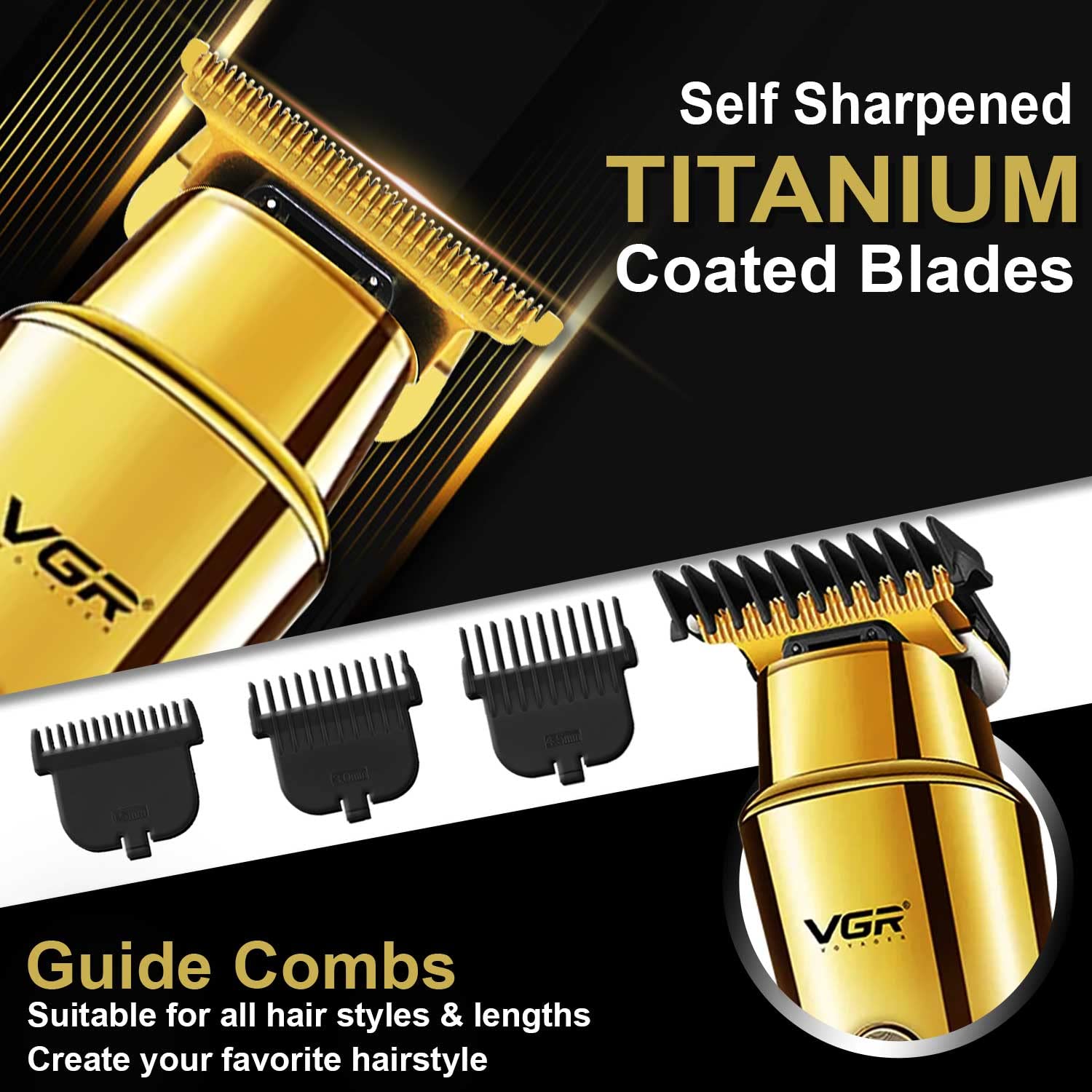 VGR V-947 Professional Hair Trimmer for Men with 500 min Runtime, 2000mAh Lithium Battery, Stainless Steel Blades, 3 Cutting Guide Combs, Cord/Cordless, LED Display, Gold - Image 4