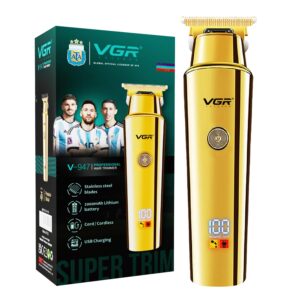 VGR V-947 Professional Hair Trimmer for Men with 500 min Runtime, 2000mAh Lithium Battery, Stainless Steel Blades, 3 Cutting Guide Combs, Cord/Cordless, LED Display, Gold