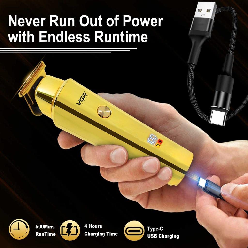 VGR V-947 Professional Hair Trimmer for Men with 500 min Runtime, 2000mAh Lithium Battery, Stainless Steel Blades, 3 Cutting Guide Combs, Cord/Cordless, LED Display, Gold - Image 3