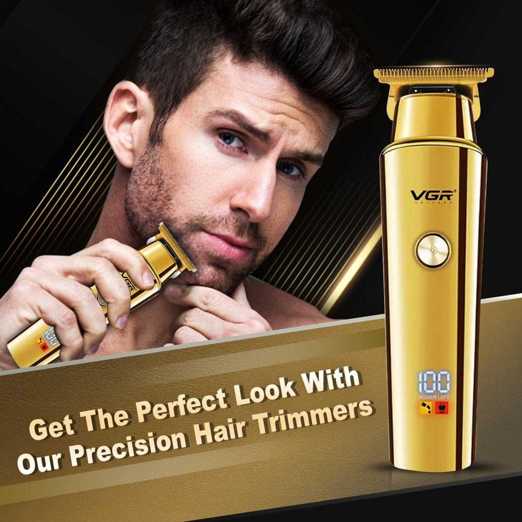VGR V-947 Professional Hair Trimmer for Men with 500 min Runtime, 2000mAh Lithium Battery, Stainless Steel Blades, 3 Cutting Guide Combs, Cord/Cordless, LED Display, Gold - Image 2