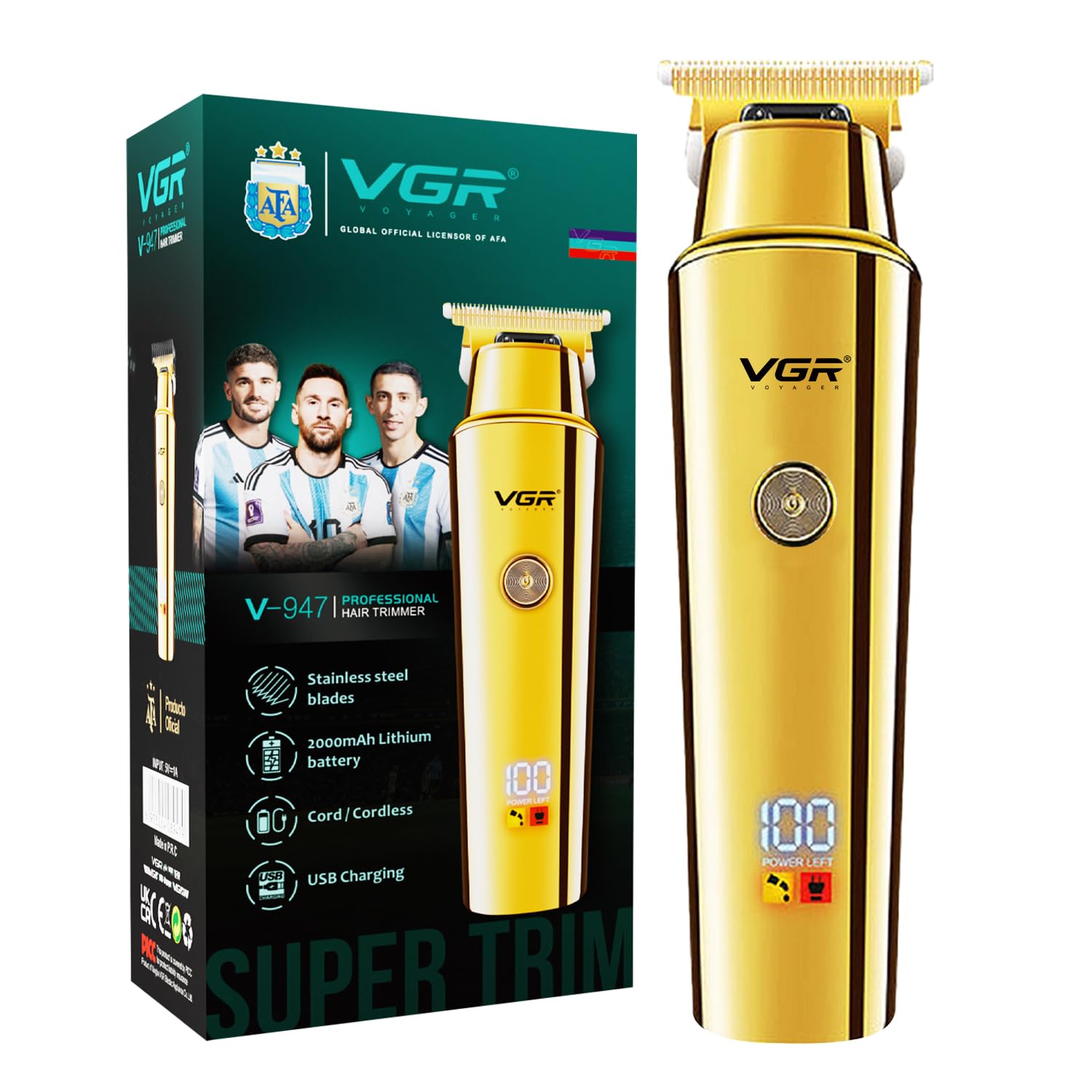 VGR V-947 Professional Hair Trimmer for Men with 500 min Runtime, 2000mAh Lithium Battery, Stainless Steel Blades, 3 Cutting Guide Combs, Cord/Cordless, LED Display, Gold
