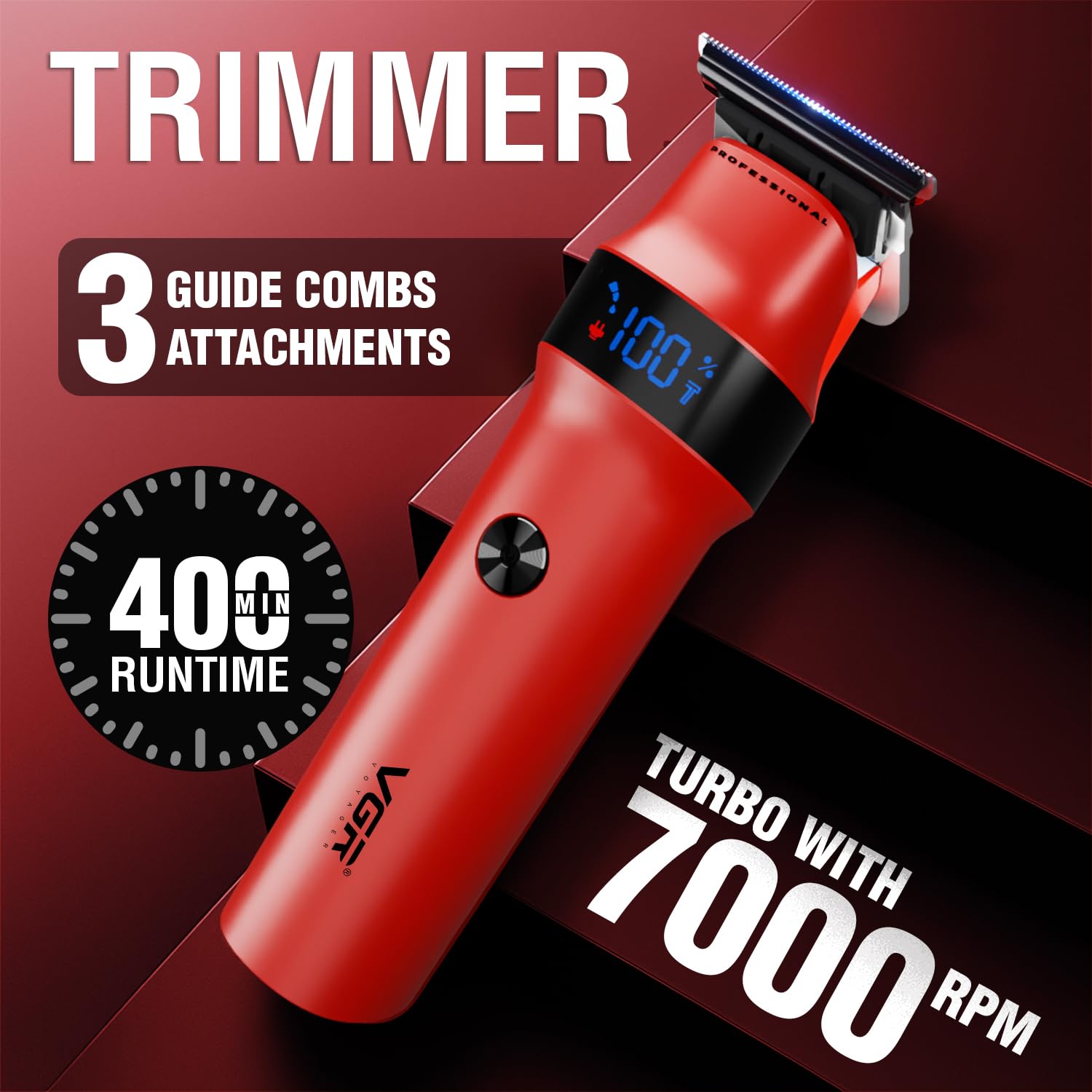 VGR Rosso Professional Men's Beard & Moustache Hair Trimmer for Men with 400min Long Runtime | 2000mAh Lithium Battery | Turbo Mode with 7000 RPM Powerful Motor | LED Display (Red) - Image 7