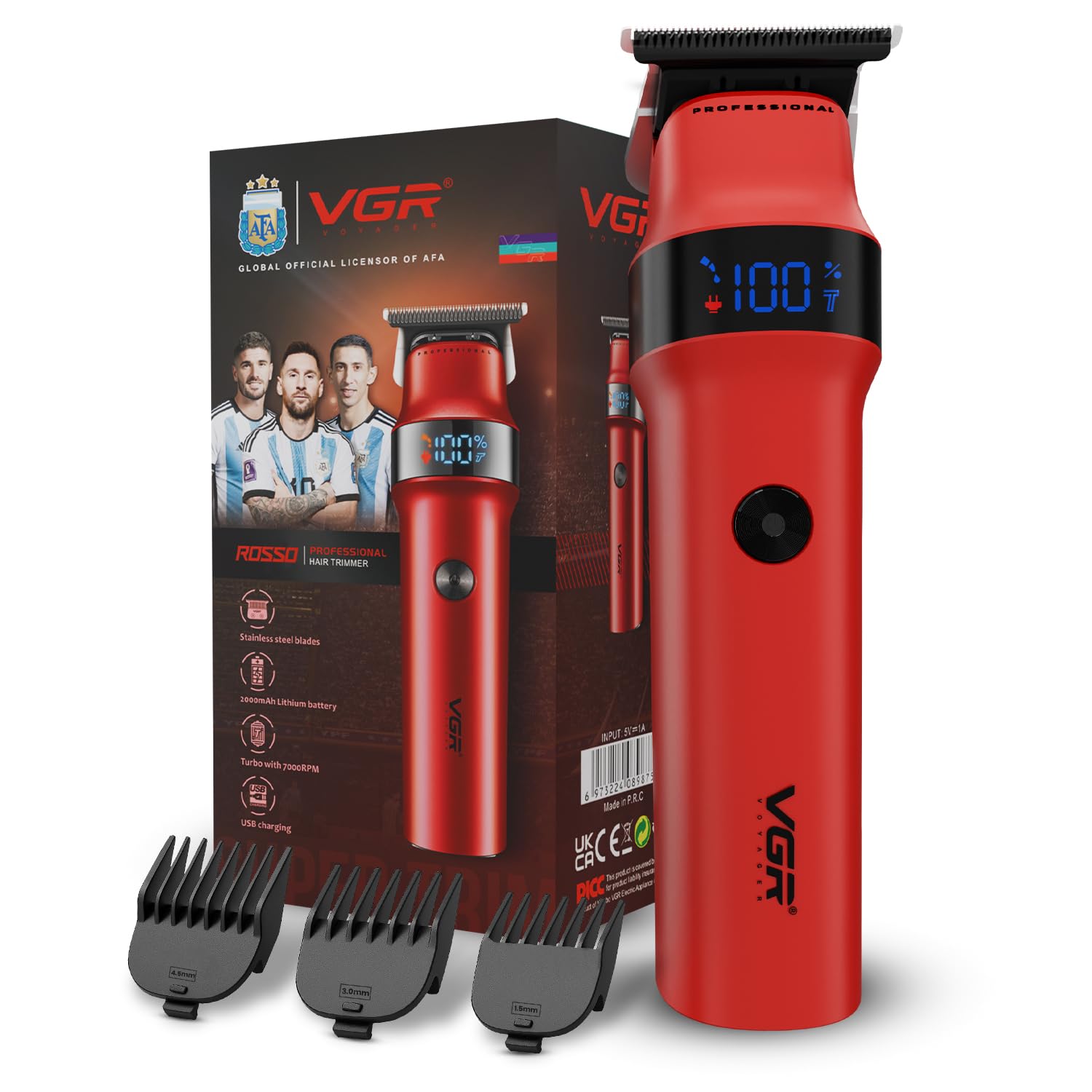 VGR Rosso Professional Men's Beard & Moustache Hair Trimmer for Men with 400min Long Runtime | 2000mAh Lithium Battery | Turbo Mode with 7000 RPM Powerful Motor | LED Display (Red)