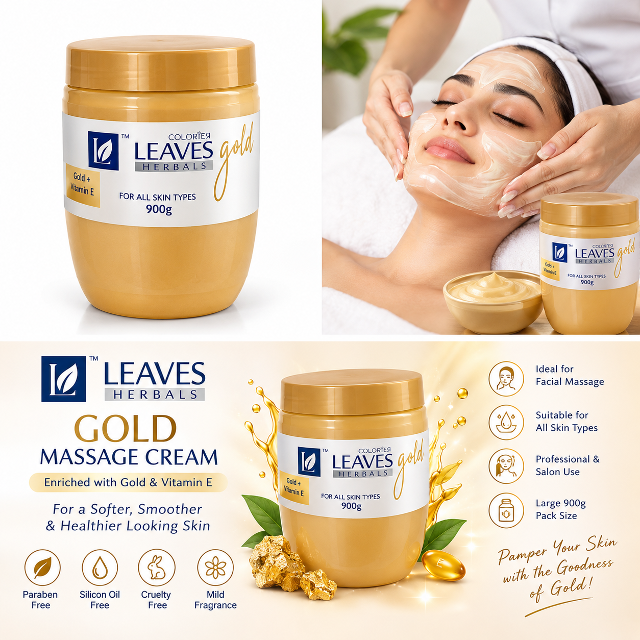 Leaves Herbals Gold Massage Cream – 900 g - Image 2